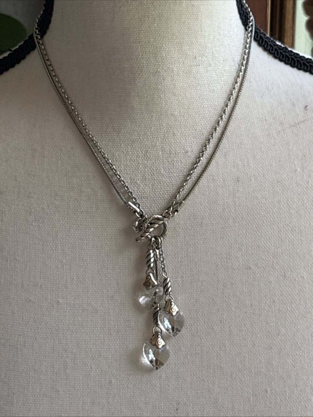 Brighton Kristall Triple Heart Crystal Toggle Necklace Silver Double Chain 17"